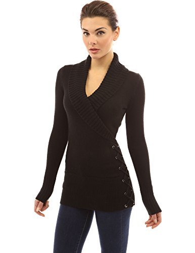 PattyBoutik Women's Shawl Collar Faux Wrap Lace Up Sweater (Black S ...
